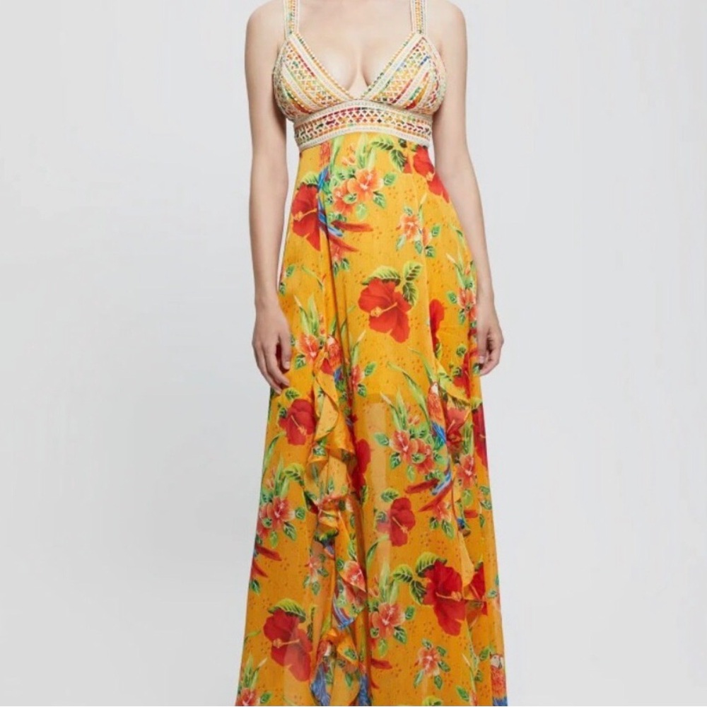 Guess Serena Floral Parot Paradise Print Maxi Dress